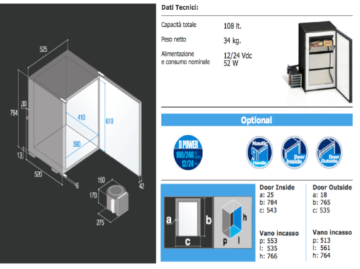 CONGELATORE 12 24V VITRIFRIGO 108LT C110BT GRUPPO REFRIGERANTE ESTERNO dimensioni