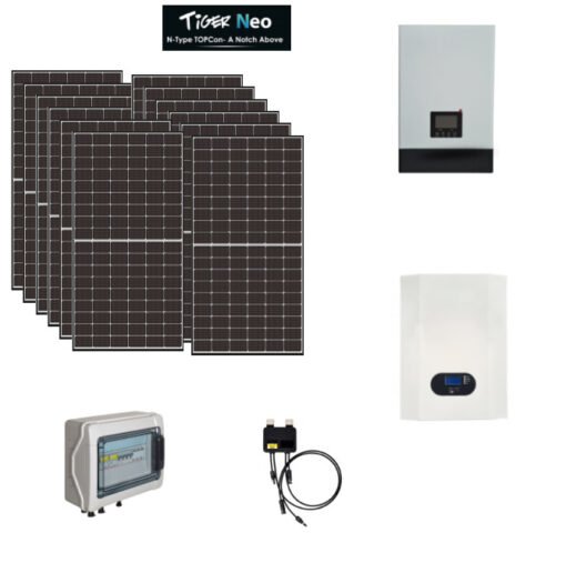 Kit Off grid autoconsumo 6Kwp Pannello Solare Jinko Tiger NEO 425Wp Monocristallino Inverter 5Kwh regolatore 2 ingressi + Batteria litio 150Ah 7,2Kwh + Ottimizzatore TIGO